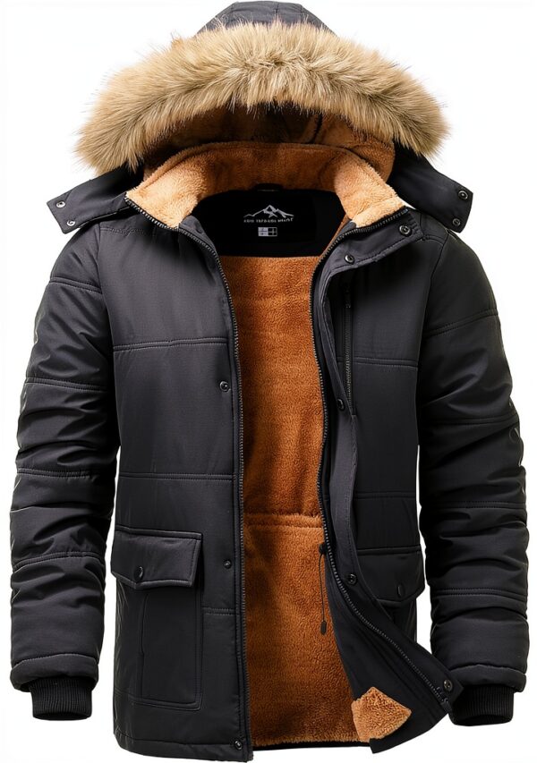 Parka Uomo Impermeabile Foderato Pile Grigio Scuro Nero-0