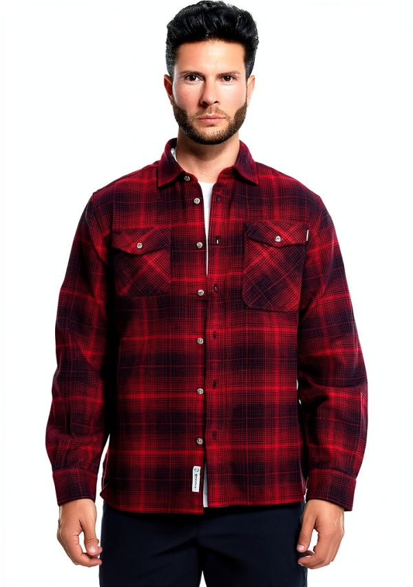 Camicia WOOLRICH Uomo Nero Rosso Manica Lunga Collo Button