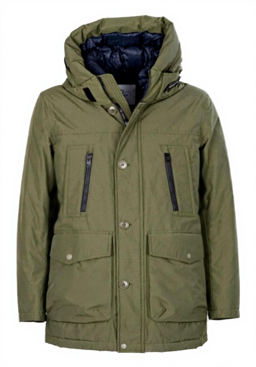 Uomo che indossa il parka Woolrich John Rich & Bros taglia M in un contesto urbano invernale